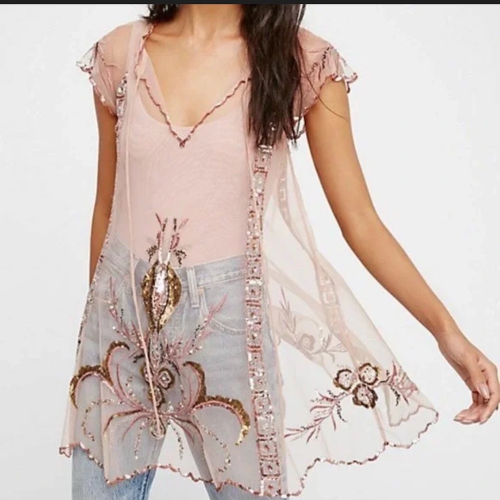 Free People Lady Lazarus Beaded Sheer mesh mini slip dress